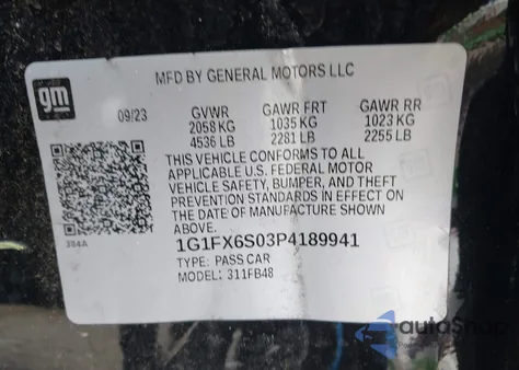 2023 Chevrolet Bolt Ev Fwd 2Lt from USA, damaged, VIN 1G1FX6S03P4189941